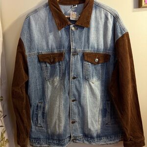 Men's Two-Tone Denim Jacket with Brown Corduroy Sleeves